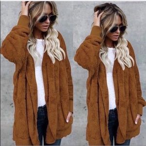 Women hooded jacket plush warm fuzzy jacket camel